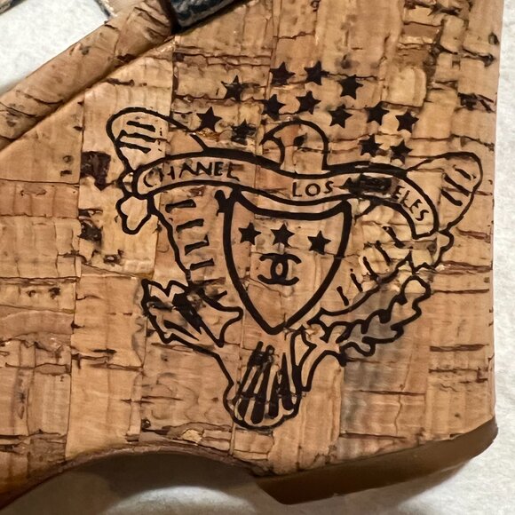 CHANEL Resort Cork Wedges Blue Striped Yellow CC Ankle Strap Shoes 36 6 - Picture 16 of 16